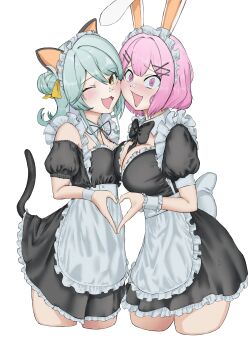 2girls @_@ absurdres alternate_costume amaori_renako animal_ears apron breasts cat_ears cat_tail cleavage commentary_request cropped_legs heart heart_hands heart_hands_duo highres koyanagi_kaho maid maid_apron marilyn12_25 multiple_girls one_eye_closed open_mouth pink_eyes pink_hair tail watashi_ga_koibito_ni_nareru_wake_naijan_murimuri! white_background
