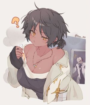 1boy 1girl ? arknights arouni22 black_hair black_shirt braid breasts cleavage commentary_request dark-skinned_female dark_skin elysium_(arknights) genderswap genderswap_(mtf) hair_between_eyes jacket jewelry large_breasts long_sleeves necklace necklace_between_breasts off_shoulder open_clothes open_jacket open_mouth orange_eyes ponytail shaded_face shirt short_ponytail side_braid sleeves_past_wrists solo_focus thorns_(arknights) twitter_username vial white_shirt