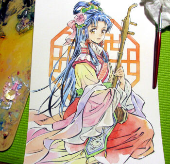 Rule 34 | 1girl, agahari, art brush, art tools in frame, blue hair, bow, brown eyes, chinese clothes, commentary request, erhu, feixianji (hairstyle), flower, full body, hair bow, hair flower, hair ornament, hair ribbon, hair rings, hanfu, holding, holding erhu, holding instrument, instrument, kou shuurei, long hair, looking at viewer, looking to the side, paintbrush, painting (medium), parted lips, photo (medium), pink bow, pink flower, red ribbon, ribbon, ring sidelocks, saiunkoku monogatari, sidelocks, sitting, solo, traditional media, very long hair
