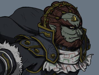Rule 34 | 1boy, anime coloring, ascot, beads, black cape, black sleeves, cape, collared cape, colored skin, determined, fang, fang out, floating cape, forehead jewel, frilled ascot, frills, fur-trimmed sleeves, fur trim, ganondorf, gem, gold buttons, grey background, grey skin, high collar, leaning forward, long sleeves, male focus, naru (wish field), nintendo, pointy ears, pointy nose, print ascot, red hair, short hair, simple background, solo, the legend of zelda, thick eyebrows, upper body, white ascot, yellow eyes, yellow gemstone