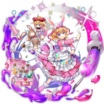 2girls alternate_costume animal_ears apron armband back_bow bandages blonde_hair blue_eyes bow comedic_sweatdrop diamond_(shape) digital_thermometer dress full_body game_cg hat heart heart_print highres holding_bandages long_sleeves looking_at_viewer mary_janes medicine_melancholy medicine_melancholy_(rabbit-eared_soldier) medium_hair multiple_girls nurse nurse_cap official_art open_mouth pill pink_dress pink_shoes poison potion rabbit_ears rotte_(1109) scissors shoes socks sparkle stethoscope stuffed_animal stuffed_rabbit stuffed_toy su-san syringe teddy_bear thermometer third-party_source touhou touhou_lostword transparent_background white_apron white_armband white_bow white_hat white_socks wings