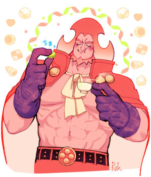 1boy abs bara beard blush charlotte_oven cheek_bulge coat coat_on_shoulders cowboy_shot cropped_legs cup eating facial_hair food food-themed_background forked_eyebrows full_beard gloves happy highres huge_pectorals large_hands male_focus mochi muscular muscular_male navel no_nipples no_shirt one_piece rsk_rasukuman short_hair solo standing strongman_waist teacup thick_beard thick_eyebrows