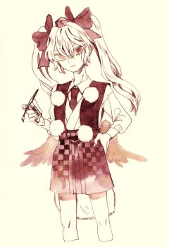 Rule 34 | 1girl, adapted costume, black necktie, bow, checkered clothes, checkered skirt, clothing request, collared shirt, commentary, feathered wings, hair bow, hand on own hip, hat, highres, himekaidou hatate, holding, kz m i, long sleeves, necktie, open mouth, pom pom (clothes), purple bow, purple hair, purple skirt, shirt, skirt, solo, standing, tokin hat, touhou, twintails, white shirt, wings