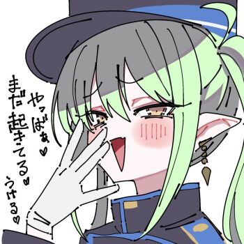 1girl black_jacket blue_archive earrings fang gloves green_hair hat jacket jewelry nozomi_(blue_archive) ohajiki_0000 pointy_ears simple_background skin_fang solo twintails twitter white_background white_gloves yellow_eyes