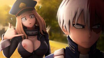 1boy 1girl 3d ? aqua_eyes black_bodysuit blonde_hair bodysuit boku_no_hero_academia breasts brown_eyes cleavage collar collarbone greatm8 grey_eyes hat heterochromia highres large_breasts long_hair multicolored_hair nipple_slip nipples outdoors phone_gesture red_hair scar short_hair todoroki_shoto utsushimi_kemii white_hair wrist_cuffs
