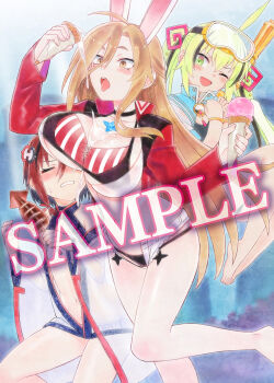 blonde_hair blush breast_envy breasts food goggles green_eyes green_hair ice_cream inti_creates jacket karma_(majogami) large_breasts majogami maxi_(majogami) official_art rabbit_ears red_hair red_jacket shiroha_(majogami) small_breasts snorkel swim_goggles swimsuit yellow_eyes