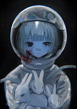 1girl animal bandaid bandaid_on_face bandaid_on_nose black_background blood closed_mouth crossed_bandaids hayu_(hayu0305) helmet heterochromia highres holding holding_animal holding_rabbit looking_at_viewer original rabbit revision solo space space_helmet spacesuit straight-on upper_body