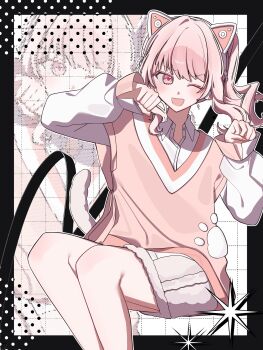 1other :d ;d akiyama_mizuki animal_ear_headphones animal_ears black_border blush border cat_ears cat_tail collared_shirt commentary fake_animal_ears fake_tail feet_out_of_frame grey_shorts grid_background hands_up headphones highres long_sidelocks long_sleeves medium_hair official_alternate_costume one_eye_closed open_mouth other_focus outline paw_pose paw_print pink_eyes pink_hair pink_sweater_vest project_sekai puffy_long_sleeves puffy_sleeves shirt shorts side_ponytail sidelocks sitting sleeves_past_wrists smile solo suiu_(ai_gp) sweater_vest swept_bangs tail v-neck white_outline white_shirt wing_collar you_are_my_hero!!_(project_sekai) zoom_layer