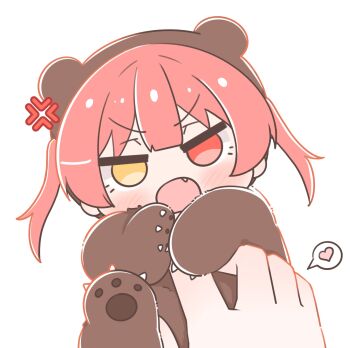 Rule 34 | 1girl, 1other, :o, alvinapika, anger vein, angry, animal costume, bear costume, claws, commentary request, fang, hair between eyes, heart, heterochromia, highres, holding, hololive, houshou kumarine, houshou marine, low twintails, open mouth, red eyes, red hair, solo, speech bubble, twintails, v-shaped eyebrows, virtual youtuber, white background, yellow eyes