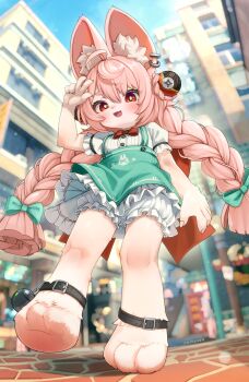1girl :3 :d absurdres ahoge animal_ear_fluff animal_ear_piercing animal_ears animal_feet artist_name barefoot bloomers blurry blurry_background bow bowtie braid breasts commentary comodox dress english_commentary from_below full_body furry furry_female green_bow green_dress hair_bow hair_ornament highres long_hair looking_at_viewer open_mouth outdoors paid_reward_available pinafore_dress pink_hair puffy_short_sleeves puffy_sleeves red_bow red_bowtie red_eyes shirt short_sleeves signature sleeveless sleeveless_dress small_breasts smile solo sphere_hair_ornament standing standing_on_one_leg twin_braids underwear variant_set very_long_hair white_bloomers white_shirt zenless_zone_zero zhao_(zenless_zone_zero)