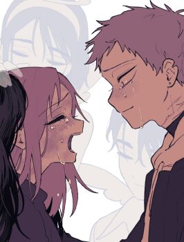 2boys 2girls alien_stage black_hair commentary_request crying ghost grey_hair hairband halo highres hood hoodie ivan_(alien_stage) jacket long_hair mizi_(alien_stage) multiple_boys multiple_girls open_mouth pink_hair scar scar_on_neck short_hair sua_(alien_stage) tears till_(alien_stage) very_short_hair wata_gumo259 wig wings