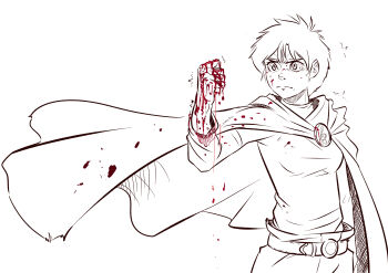 1girl 8chan belt blood blood_drip blood_on_hands blood_splatter bloodshot_eyes breasts cape clenched_hand cowboy_shot crosshatching eltonel floating_cape frown hatching_(texture) highres linear_hatching lineart long_sleeves pants short_hair simple_background small_breasts solo spot_color teagan_almace third-party_source tomboy treble_clef turning_head uncommon_time white_background