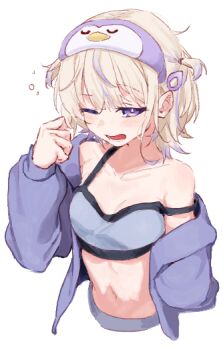 Rule 34 | 1girl, agoberos, blonde hair, bra, breasts, grey bra, hair ornament, hairclip, hashtag-only commentary, hololive, hololive dev is, jacket, mask, mask on head, medium hair, navel, one eye closed, purple eyes, purple jacket, purple streaks, simple background, sleep mask, small breasts, solo, todoroki hajime, underwear, virtual youtuber, white background, yawning