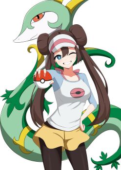 1girl absurdres blue_eyes breasts bright_pupils brown_hair commentary_request double_bun gen_5_pokemon grin hair_bun hand_on_own_hip happy highres holding holding_poke_ball korean_commentary lideumtaneunbaechu long_hair looking_at_viewer nintendo one_eye_closed outstretched_arm pantyhose poke_ball poke_ball_(basic) pokemon pokemon_(creature) pokemon_bw2 raglan_sleeves rosa_(pokemon) serperior shirt shorts smile teeth twintails visor_cap white_background white_pupils yellow_shorts