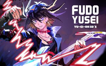 1boy alkali3060 black_hair black_jacket black_nails black_shirt blue_background blue_eyes character_name choker colored_tips copyright_name cross cross_earrings earrings electric_guitar electricity english_text facial_mark facing_to_the_side fudo_yusei guitar hair_slicked_back hand_up highres holding holding_guitar holding_instrument instrument jacket jewelry lanyard leather leather_jacket looking_to_the_side male_focus multicolored_hair open_clothes open_jacket outstretched_arm pinching pinching_gesture playing_guitar playing_instrument popped_collar red_choker shirt spiked_hair stage stage_lights yu-gi-oh! yu-gi-oh!_5d&#039;s