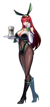 Rule 34 | 1girl, :p, absurdres, animal ears, bare shoulders, black shoes, bodysuit, boots, breasts, brown bodysuit, brown pantyhose, cleavage, collarbone, commentary, contrapposto, covered navel, elbow gloves, english commentary, erza scarlet, fairy tail, fairy tail zero, fake animal ears, full body, gloves, green ribbon, groin, hair over one eye, hand up, high heel boots, high heels, highleg, highleg leotard, highres, holding, holding tray, huge breasts, large breasts, legs, leotard, long hair, pantyhose, playboy bunny, red eyes, red hair, ribbon, shadow, shoes, simple background, solo, standing, tongue, tongue out, tray, white background, white gloves, zer0z vi