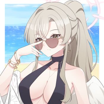 1girl absurdres angel_wings bare_shoulders black_one-piece_swimsuit blue_archive bracelet breasts brown_hair cleavage closed_mouth collarbone commentary_request earrings feathered_wings gold_bracelet hair_between_eyes halo highres hoop_earrings jewelry large_breasts long_hair looking_at_viewer low_wings nagisa_(blue_archive) nagisa_(swimsuit)_(blue_archive) official_alternate_costume official_alternate_hairstyle one-piece_swimsuit ponytail red_halo solo sunglasses swimsuit torasanth white_wings wings