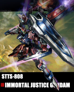 Rule 34 | absurdres, artist name, character name, energy sword, explosion, green eyes, gundam, gundam seed, gundam seed freedom, highres, holding, holding beam saber, holding sword, holding weapon, immortal justice gundam, letterboxed, loader-0015, mecha, mecha focus, mobile suit, no humans, outside border, robot, science fiction, shield, sword, thrusters, v-fin, weapon