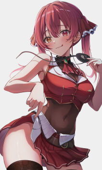 Rule 34 | 1girl, absurdres, arrow through heart, ascot, bare shoulders, black choker, black thighhighs, blue gem, blush, breasts, brooch, chameleon (chameleon0613), choker, cleavage, commentary request, covered navel, cropped jacket, eyepatch, frilled choker, frilled shirt collar, frills, gem, gloves, hair between eyes, hair ribbon, heterochromia, highres, hololive, houshou marine, houshou marine (1st costume), jacket, jewelry, lace, lace-trimmed thighhighs, lace trim, large breasts, leotard, leotard peek, leotard under clothes, licking lips, long hair, looking at viewer, pleated skirt, red ascot, red eyes, red hair, red jacket, red ribbon, red skirt, ribbon, see-through clothes, see-through leotard, simple background, skirt, sleeveless, sleeveless jacket, smile, solo, thighhighs, thighs, tongue, tongue out, twintails, virtual youtuber, white background, yellow eyes