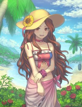 1girl arm_ribbon beach bikini blue_sky breasts brown_eyes brown_hair bush choker cloud collarbone commentary cowboy_shot day flower gofelem hat hat_flower hat_ribbon holding holding_removed_eyewear inazuma_eleven inazuma_eleven_(series) inazuma_eleven_go long_hair looking_at_viewer multicolored_bikini open_mouth outdoors palm_tree pink_sarong pink_scrunchie raimon_natsumi ribbon rose_bush sarong scrunchie shadow sky small_breasts smile solo sun_hat sunflower sunglasses swimsuit tree unworn_eyewear water wrist_scrunchie