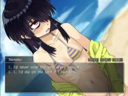 animated bad_tag beach bikini black_hair cyclops game_cg helmet izumozaki_neneko one-eyed onimushi_hyogo pov pov_focus shironagasu-tou_e_no_kikan solo swimsuit tagme towel video visual_novel