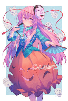 Rule 34 | 1girl, aqua shirt, artist name, blush, bow, bubble skirt, chinese commentary, closed mouth, collared shirt, commentary request, folding fan, fox mask, hand fan, hata no kokoro, highres, holding, holding fan, hyottoko mask, long hair, long sleeves, looking at viewer, mask, mask on head, minuo, monkey mask, noh mask, okina mask, oni mask, orange skirt, pink eyes, pink hair, plaid clothes, plaid shirt, sample watermark, shirt, skirt, skirt cutout, solo, touhou, triangle, very long hair, watermark