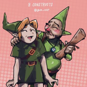 2boys backpack bag belt blonde_hair blush closed_eyes cowboy_shot dotted_background gus_uur hand_on_another&#039;s_shoulder highres hood link map_(object) multiple_boys nintendo open_mouth pink_background pointy_ears smile the_legend_of_zelda the_legend_of_zelda:_majora&#039;s_mask tingle tunic watch