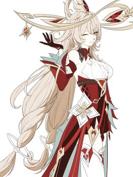 Rule 34 | 1girl, alice (genshin impact), artist name, blonde hair, blue gem, boots, braid, breasts, cleavage, closed mouth, cowboy shot, detached collar, detached sleeves, dress, flower, flower ornament, gem, genshin impact, gold halo, hair between eyes, hair ornament, halo, hand up, heart ornament, highres, jewelry, large breasts, long hair, long sleeves, looking at viewer, low-braided long hair, low-tied long hair, one eye closed, pointy ears, pom pom (clothes), pom pom hair ornament, red dress, red sleeves, ring, simple background, smile, solo, standing, te1081, thigh boots, thighhighs, topknot, twin braids, two-tone dress, very long hair, vision (genshin impact), white background, white boots, white dress, white flower, wide sleeves, wing collar, yellow eyes, zettai ryouiki