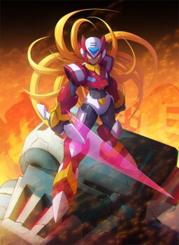 1boy absurdres adapted_costume armor blonde_hair fire forehead_jewel full_body helmet highres holding holding_sword holding_weapon long_hair male_focus mega_man_(series) mega_man_x_(series) mega_man_zero_(series) mega_man_zero_3 omega_(mega_man) red_armor red_eyes red_helmet solo sword ultimatemaverickx weapon