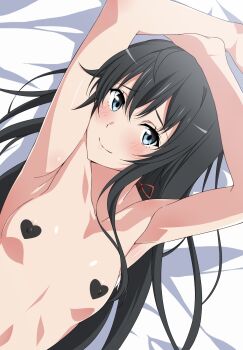 1girl absurdres areola_slip armpits arms_behind_head arms_up black_hair blush bow breasts closed_mouth collarbone covered_erect_nipples hair_bow heart_pasties highres long_hair looking_at_viewer lying nude pasties red_bow shou937 small_breasts smile solo upper_body yahari_ore_no_seishun_lovecome_wa_machigatteiru. yukinoshita_yukino
