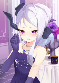 Rule 34 | 1girl, armpit crease, bare shoulders, blue archive, blurry, blurry background, blush, closed mouth, collarbone, commentary request, demon girl, demon horns, demon wings, dress, earrings, elbow gloves, embarrassed, flat chest, gloves, highres, hina (blue archive), hina (dress) (blue archive), horns, indoors, jewelry, kdu, long hair, looking at viewer, necklace, official alternate costume, official alternate hairstyle, pink eyes, purple dress, purple gloves, solo, strapless, strapless dress, white hair, wings