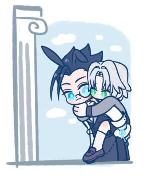 105zz 2boys :3 animal_ears black_hair black_shorts black_vest blue_eyes brown_shoes carrying facial_scar final_fantasy final_fantasy_vii final_fantasy_vii:_ever_crisis gloves green_eyes grey_hair hair_slicked_back loafers male_focus monochrome multiple_boys official_alternate_costume parted_bangs piggyback rabbit_ears scar scar_on_cheek scar_on_face sephiroth sephiroth_(ever_crisis) shirt shoes short_hair shorts sleeves_rolled_up slit_pupils socks vest white_gloves white_shirt white_socks zack_fair zack_fair_(bunny_butler)