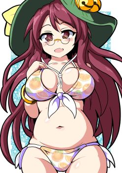 1girl :3 animal_ears bangle beach belly_grab bikini border bracelet breasts brown_eyes brown_hair commentary_request covered_erect_nipples fingernails food_print front-tie_bikini_top front-tie_top fruit_print futatsuiwa_mamizou glasses highres jewelry large_breasts leaf leaf_hat leaf_on_head navel nioti open_mouth orange_print plump raccoon_ears raccoon_tail round_eyewear short_hair solo stomach swimsuit tail tongue tongue_out touhou wavy_hair white_bikini white_border