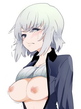 1girl alternate_hair_length alternate_hairstyle blue_eyes blush bra bra_lift closed_mouth clothes_lift commentary_request dress dress_shirt embarrassed frown girls_und_panzer glaring grey_bra grey_dress grey_hair half-closed_eyes highres itsumi_erika kuromorimine_school_uniform long_sleeves looking_at_viewer nipple_stimulation nipple_tweak nipples open_clothes open_shirt partial_commentary school_uniform shirt short_hair simple_background solo sweatdrop tamuhi trembling underwear upper_body white_background