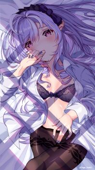 Rule 34 | 1girl, absurdres, artist name, black bra, blush, bow, bra, breasts, collared shirt, commentary request, covering own mouth, cowboy shot, dress shirt, hair bow, highres, long hair, long sleeves, looking at viewer, lying, mole, mole under eye, no pants, on back, open clothes, open shirt, pantyhose, pink eyes, pointy ears, purple bow, purple hair, purple nails, shirt, small breasts, solo, togo uzuki, underwear, vivian banshee, white shirt, zenless zone zero