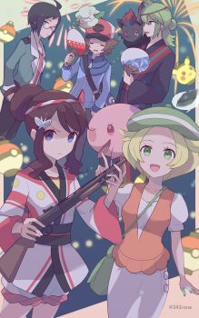 2girls 343rone 3boys :d absurdres bianca_(pokemon) blonde_hair blue_eyes blue_jacket brown_hair character_print cheren_(pokemon) closed_mouth cottonee eyelashes frown gen_1_pokemon gen_5_pokemon green_eyes green_headwear gun hat highres hilbert_(pokemon) hilda_(pokemon) hilda_(summer_2022)_(pokemon) holding holding_gun holding_weapon jacket multiple_boys multiple_girls munna n_(pokemon) n_(summer_2022)_(pokemon) nintendo official_alternate_costume on_shoulder open_mouth orange_vest pikachu poke_ball_print pokemon pokemon_(creature) pokemon_bw pokemon_masters_ex pokemon_on_shoulder short_hair short_sleeves shorts sidelocks smile tongue vest weapon zorua