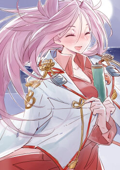 Rule 34 | 1girl, blush, breasts, closed eyes, collared shirt, commentary request, hair between eyes, highres, jacket, jun'you (kancolle), kantai collection, long hair, long sleeves, magatama, moon, night, ocean, open clothes, open jacket, open mouth, outdoors, purple hair, red shirt, scroll, shirt, solo, tassel, water, white jacket, yutaka7