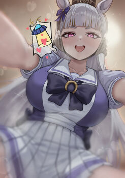 1girl ^^^ absurdres animal_ears blurry bow bowtie breasts commentary_request depth_of_field ear_bow girl_on_top gold_ship_(umamusume) grey_hair highres horse_ears horse_girl horseshoe_ornament large_breasts looking_at_viewer open_mouth outstretched_arms pillbox_hat pleated_skirt pov puffy_short_sleeves puffy_sleeves purple_bow purple_bowtie purple_eyes purple_shirt renard_(pixiv_13710050) sailor_collar school_uniform shirt short_sleeves skirt smile solo spoken_object teeth tracen_school_uniform ufo umamusume upper_teeth_only white_sailor_collar white_skirt