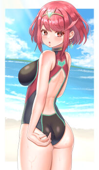 1girl absurdres ass beach black_one-piece_swimsuit bob_cut breasts commentary cowboy_shot earrings from_behind highres jewelry large_breasts looking_at_viewer looking_back meipasuye ocean one-piece_swimsuit pyra_(pro_swimmer)_(xenoblade) pyra_(xenoblade) red_eyes red_hair sand short_hair solo swimsuit tiara water xenoblade_chronicles_(series) xenoblade_chronicles_2