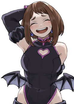 1girl :d ^_^ absurdres arm_behind_back arm_behind_head armpits bare_shoulders bat_wings black_leotard blush boku_no_hero_academia breasts brown_hair closed_eyes clothing_cutout cosplay earrings fengling_(furin-jp) haneyama_kazuho haneyama_kazuho_(cosplay) heart_cutout highres jewelry large_breasts leotard open_mouth revision short_hair simple_background smile solo uraraka_ochako vigilante_-boku_no_hero_academia:_illegals- white_background wings