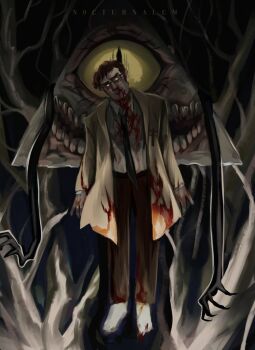 bare_tree bill_cipher black_necktie blood blood_from_mouth blood_on_clothes blood_on_face blood_on_hands brown_coat brown_hair clenched_teeth coat collared_shirt commentary creature english_commentary floating ford_pines full_body glowing glowing_eyes gravity_falls grey_shirt horror_(theme) looking_at_viewer n0cturnalcm necktie one-eyed open_clothes open_coat realistic_teeth shirt sideburns slit_pupils socks teeth tree white_socks