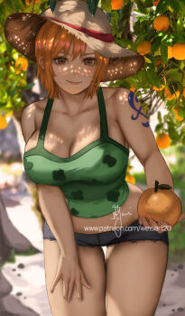 1girl bare_shoulders blue_shorts blurry blurry_background breasts brown_eyes camisole cleavage closed_mouth collarbone commentary crop_top dappled_sunlight denim denim_shorts eyelashes feet_out_of_frame food fruit green_camisole hand_on_own_thigh hat highres holding holding_food holding_fruit large_breasts looking_at_viewer mandarin_orange midriff nami_(one_piece) one_piece orange_hair orange_tree outdoors short_hair short_shorts shorts shoulder_tattoo signature smile solo straw_hat sunlight tattoo thighs watermark web_address wei_(promise_0820)