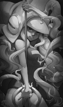 1girl dripping genderswap genderswap_(mtf) greyscale headgear highres holding holding_polearm holding_weapon long_hair looking_at_viewer mateus_upd midnight_bliss monochrome nool polearm school_swimsuit solo squid swimsuit tentacles thighhighs warzard water weapon wet