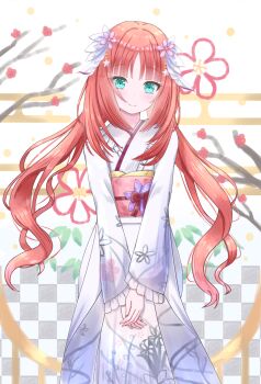 1girl akaneuta_chitose alternate_costume aqua_eyes blush closed_mouth commentary_request cowboy_shot genshin_impact highres japanese_clothes kimono long_hair looking_at_viewer nilou_(genshin_impact) obi own_hands_together print_kimono red_hair red_sash sash smile solo twintails very_long_hair white_kimono