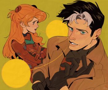 1boy 1girl bat_signal batman_(series) batman_symbol black_bodysuit black_gloves black_hair blue_eyes bodysuit breasts brown_jacket crossover dc_comics gloves grey_bodysuit hair_between_eyes jacket jason_todd long_hair mecha_pilot_suit medium_breasts multicolored_bodysuit multicolored_hair muscular muscular_male neon_genesis_evangelion open_mouth orange_hair plugsuit_(evangelion) red_bodysuit red_hood_(dc) red_hood_and_the_outlaws shawn_starr short_hair souryuu_asuka_langley superhero_costume taut_bodysuit two-tone_bodysuit