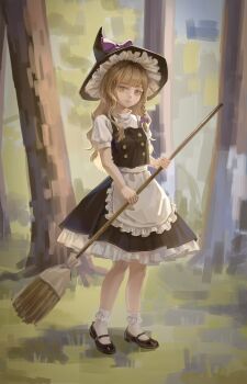 1girl absurdres apron bing_guo blonde_hair bow braid broom broom_riding dress frilled_hair_tubes frills hair_bow hair_tubes hat hat_bow highres holding holding_broom kirisame_marisa long_hair on_ground ribbon short_sleeves side_braid single_braid skirt solo touhou tree waist_apron white_bow witch_hat yellow_eyes