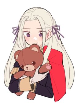 1girl blush cape closed_mouth do_m_kaeru edelgard_von_hresvelg fire_emblem fire_emblem:_three_houses garreg_mach_monastery_uniform gloves grey_hair hair_ribbon holding holding_stuffed_toy long_hair long_sleeves nintendo purple_eyes purple_ribbon red_cape ribbon simple_background smile solo stuffed_animal stuffed_toy teddy_bear white_background white_gloves