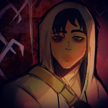 1boy absurdres bag bags_under_eyes black_eyes black_gloves black_hair blank_stare commentary cry_of_fear english_commentary expressionless fingerless_gloves gloves grey_hoodie hand_up highres holding_strap hood hood_up hoodie just_karmx looking_at_viewer male_focus portrait short_hair shoulder_bag simon_henriksson solo