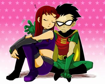 1boy 1girl alien black_hair boots cape cartoon_network closed_eyes couple dc_comics dick_grayson domino_mask eye_mask gloves long_hair mask midriff miniskirt nobumichi purple_footwear red_hair robin_(dc) shoes short_hair sitting skirt sleeping star_(symbol) starfire tank_top teen_titans thighhighs zzz