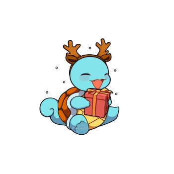 absurdres antlers blush bow box brown_hairband closed_eyes commentary english_commentary fake_antlers fang gen_1_pokemon gift gift_box hairband highres holding holding_gift horns nintendo no_humans open_mouth pokemon pokemon_(creature) pokemon_focus reindeer_antlers sevi_(seviyummy) shell smile snowing squirtle tail yellow_bow